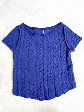 Free People Baby Cable Knit Tee Short Sleeve Blue Size Large